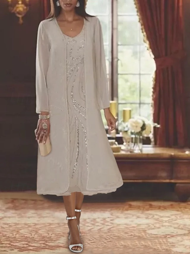 Beach Wedding Two Piece A-Line Mother of the Bride Dress Formal Wedding Guest Elegant V Neck Tea Length Chiffon Lace Sleeveless Jacket Dresses with Beading Sequin 9