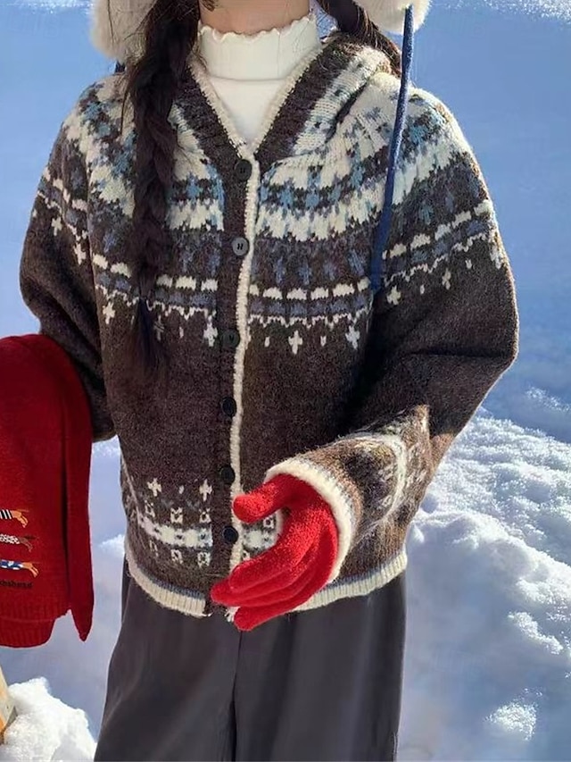  Dame Genser Kofte Fair Isle genser Årgang Mote Fritid Geometrisk Riflet Med hette Knapper Strikket Trykt mønster Langermet Vanlige topper Strikke Jul utendørs Daglig kaffe Høst Vinter