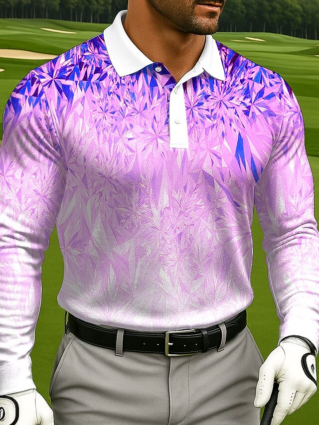  Men's Geometic Golf Polo Long Sleeve Polo Shirts Lapel Casual Athleisure Daily Wear 3D Print Buttons Spring Fall Winter Blue Purple Gray