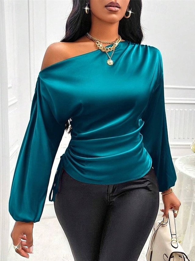  Dames Overhemd Elegant Chic Satijn Effen Elegant Stijlvol Basic Lange mouw koude schouder Normale tops Dagelijks Uitgaan Asymmetrisch Zwart blauw Bruin Groen Zomer Lente Herfst