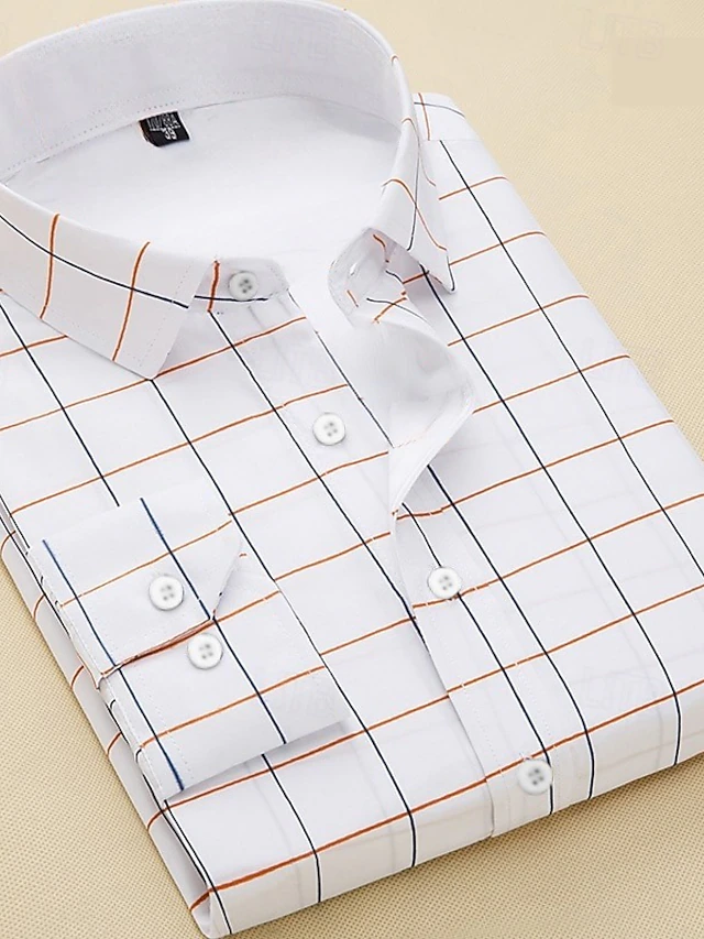 Men's Dress Shirt Plaid / Striped / Chevron / Round Wedding Weekend White Navy Blue Blue Light Blue Long Sleeve Square Neck Spring & Fall Clothing Apparel 5