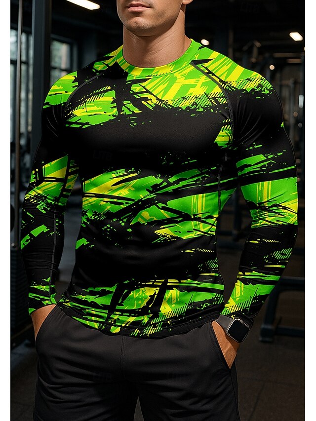 Men's Compression Shirt Running Shirt 3D Print Long Sleeve Base Layer Abstract Quick Dry Compression Power Flex Moisture Wicking Gym Workout Active Training Exercise Sportswear Activewear Green4