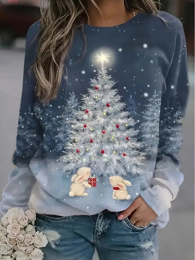 Women's Pullover Graphic Christmas Tree Casual Long Sleeve Crew Neck Regular Tops Casual Holiday Print Blue Green Spring Fall Winter4