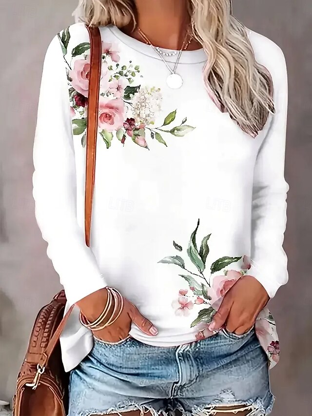 Women's T Shirt Floral Graphic Plants Vintage Stylish Classic Long Sleeve Crew Neck Round Neck Regular Tops Daily Print White Spring Fall Winter4