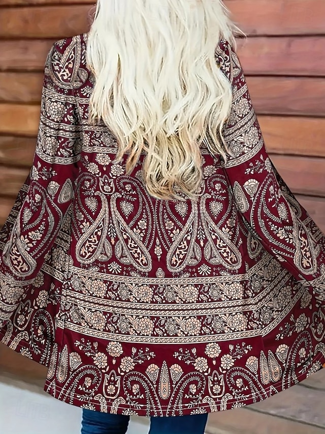  Femmes Manteau d'Hiver Trench Léger Confortable Imprimé Front ouvert ancien Mode Occasionnel Boho Vintage Géométrique Vacances Occasionnel Long Sans Col Coupe régulière manche longue Vêtements