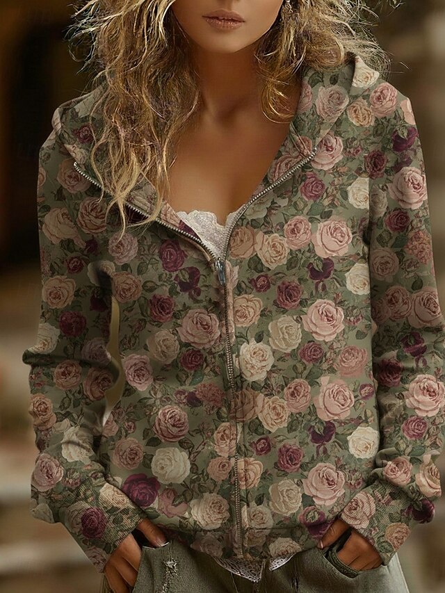 Women's Zip Up Hoodies Pullover Floral Fashion Streetwear Casual Long Sleeve Hooded Regular Tops Dailywear Casual Zipper Print Green Spring Fall Winter4