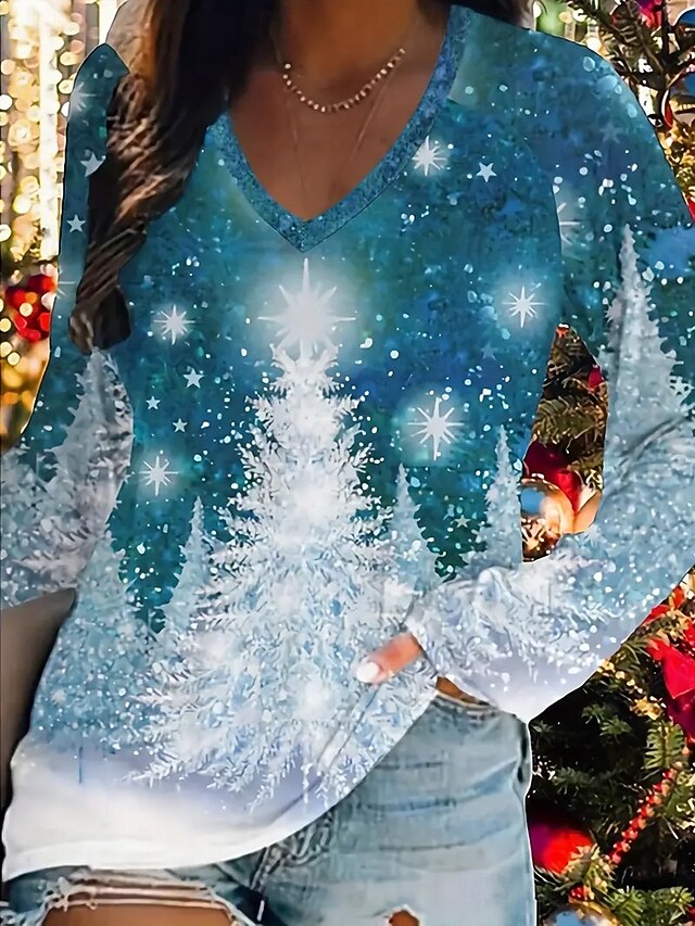 Christmas Women's T Shirt Graphic Snowflake Fashion Casual Long Sleeve V Neck Regular Tops Daily Weekend Print Blue Summer Spring Fall Winter4