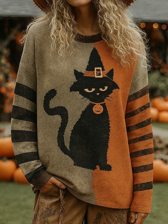  Dame Pullover Grafisk Katt Gresskar Årgang Mote Klassisk Langermet Crew-hals Vanlige topper Avslappet Trykt mønster Oransje Høst Vinter