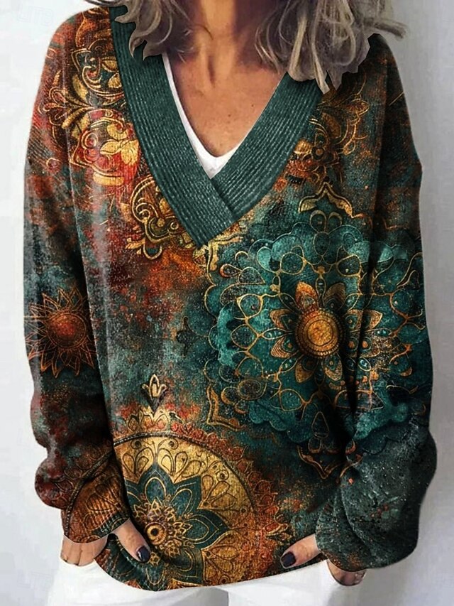 Women's Sweater Casual Soft Floral Graphic Ribbed V Neck Knitted Long Sleeve Regular Tops Knit Outdoor Daily Weekend Black Yellow Fall Winter4