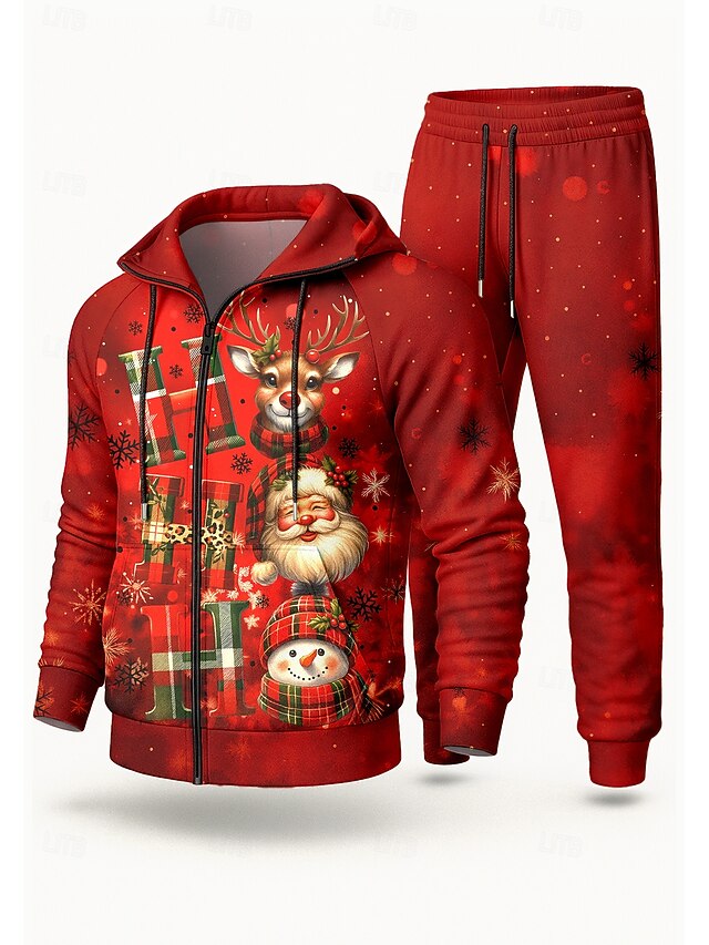 Christmas Men's Hoodie Tracksuit 2 Piece Tracksuit Drawstring Zip Up Letter Clothing Suit Fall Red Vocation Outdoor Travel Lightweight Fashion Long Sleeve Sport Activewear Stretchy Regular Fit4