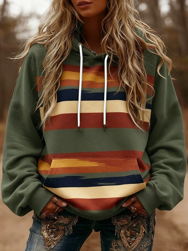 Women's Pullover Hoodies Striped Fashion Streetwear Casual Long Sleeve Hooded Regular Tops Dailywear Casual Sports Drawstring Pocket Print Green Spring Fall4