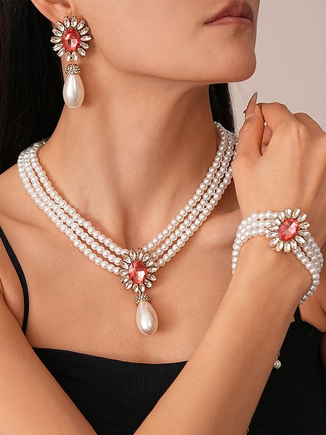  Women's Pearl Jewelry Set with Earrings, Necklace and Bracelet - Elegant Vintage Style Accessories with Crystal Accents for Ballroom Party, Wedding and Formal Events