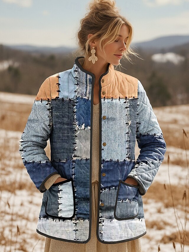Women's Winter Jacket Quilted Jacket Warm Lightweight Print Elegant Vintage Fashion Geometric Vacation Home Office / Career Casual Regular Stand Collar Regular Fit Long Sleeve Outerwear Blue Fall2
