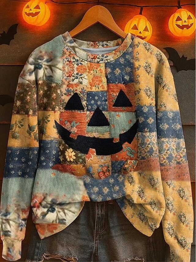 Halloween Women's Pullover Sweatshirt Pumpkin Graphic Skull Fashion Casual Long Sleeve Crew Neck Regular Tops Street Dailywear Casual Print Black Yellow Dark Gray Fall Winter4