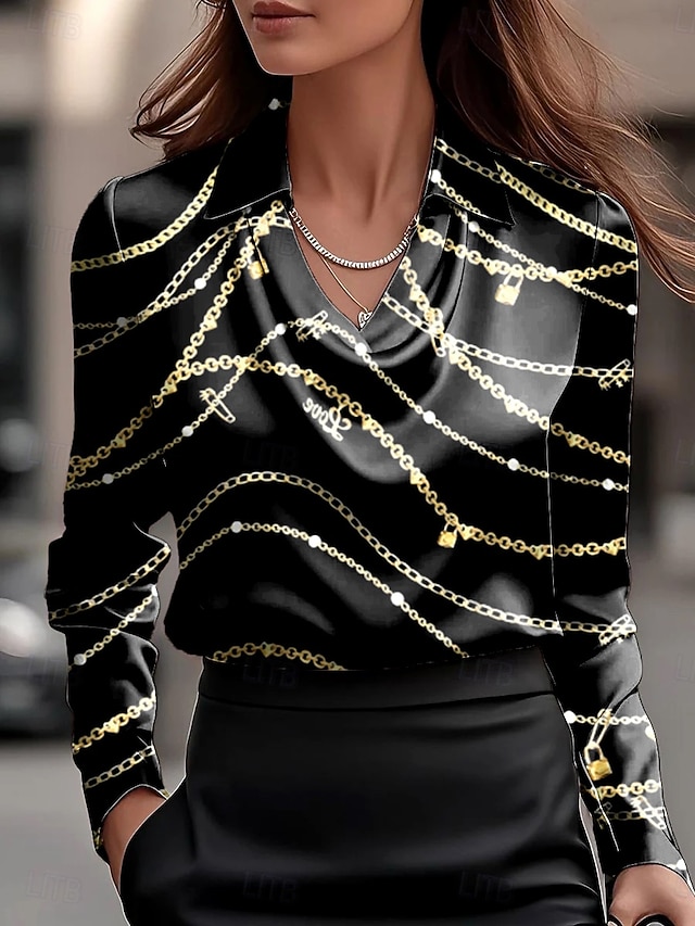  Damen Hemd Grafik Geometrisch Gestreift Elegant Stilvoll Basic Langarm Wasserfallausschnitt V Ausschnitt Normale Oberteile Arbeit Party-Abendmode Täglich Gerafft Drapiert Schwarz Weiß Herbst Winter