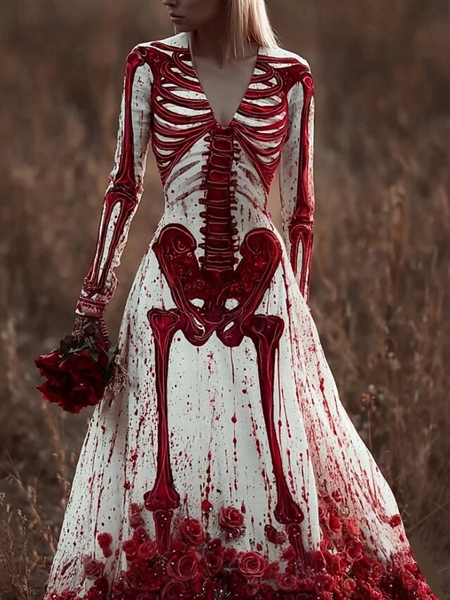 Halloween Women's Maxi Dress Pleated Dress Boho Date Going out Regular Fit Skull Long Sleeve V Neck Red Fall2