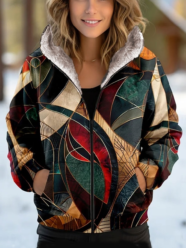  Mulheres Moletom com zíper Floral Gráfico Geométrica Moda Casual Manga Longa Com Capuz Tops regulares Rua Dia a Dia Casual Zíper Bolsos Imprimir Verde Primavera Outono Inverno