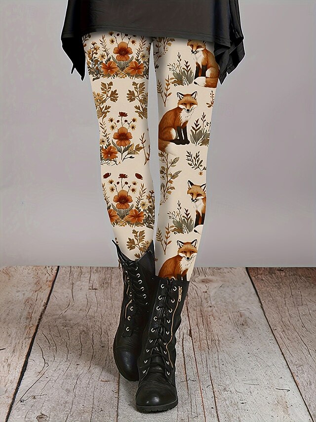 Women's Slacks Leggings Cozy Leggings Vacation Vintage Streetwear Full Length Natural Graphic Leaf Animal Elastic Waist Print Comfy Outdoor Comfortable Stretchy Outdoor Vacation Streetwear Khaki Fall4