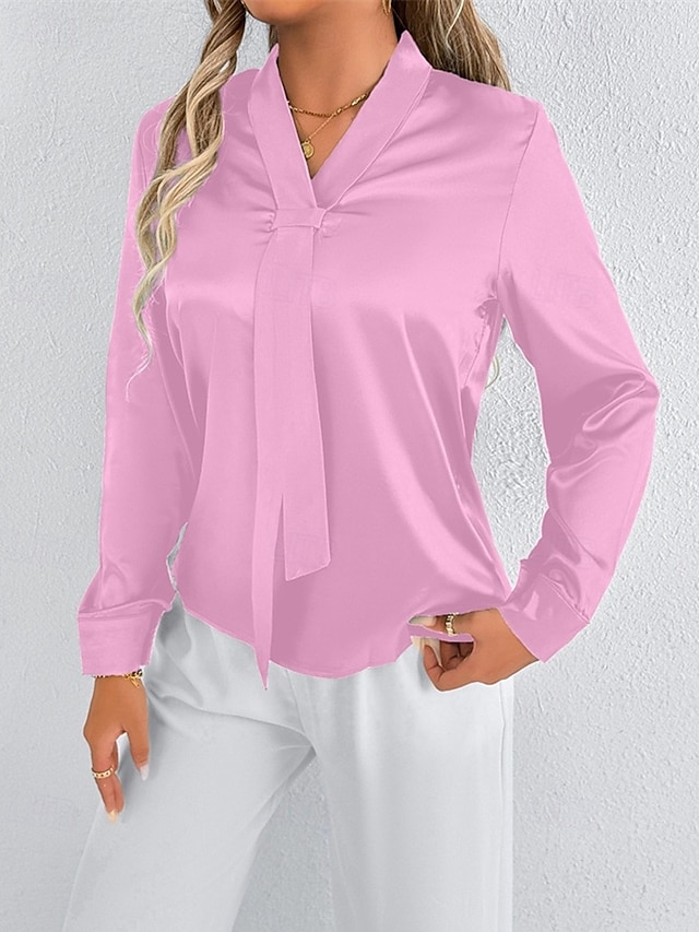  Per donna Camicia Camicia in raso Tinta unica Elegante Casual Manica Lunga Scollo a V Top Regolari Quotidiano Uscire Nodo frontale Rosa Rosso Primavera Autunno