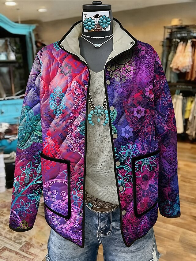 Women's Winter Jacket Quilted Jacket Warm Lightweight Patchwork Print Active Vintage Cute Artistic Floral Casual Regular Stand Collar Regular Fit Long Sleeve Outerwear Blue Purple Green Fall Winter4