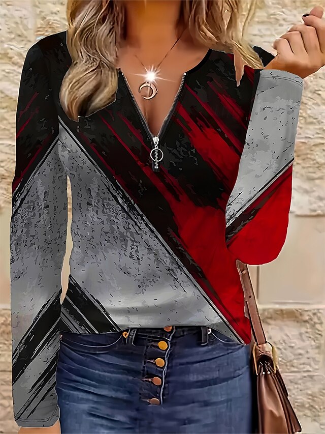 Women's T Shirt Graphic Geometric Color Block Vintage Stylish Classic Long Sleeve V Neck Regular Tops Daily Weekend Zipper Print Wine Fall Winter4