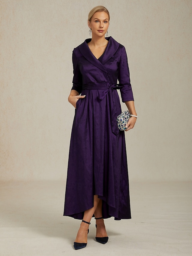  Femmes Robe Maxi Robe de Soirée Élégant ancien Coupe régulière Couleur Unie Manche 3/4 Col en V Aubergine Automne Hiver