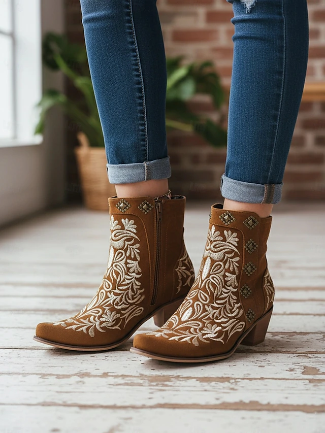 Women's Brown Embroidered Western Ankle Boots with Studded Details - Perfect for Casual Outings and Rodeo Events 9