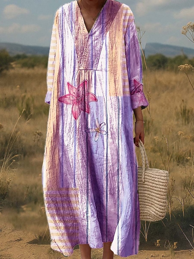  Dames Halflange jurk A lijn jurk Fit And Flare-jurk Casual Boho Bruiloft gast Dagelijks Uitgaan Ruim Passend Bloemig Grafisch Geometrisch Lange mouw V-hals Lichtgroen Blozend Roze Licht Paars Lente