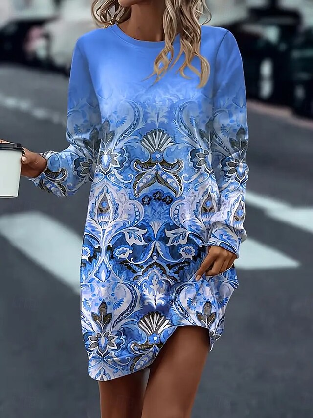 Women's Sweatshirt Dress Mini Dress Shift Dress Casual Halloween Holiday Going out Loose Fit Graphic Gradient Long Sleeve Crew Neck Blue Spring Fall Winter4