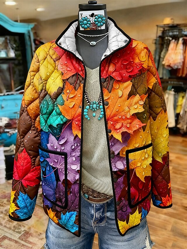 Women's Winter Jacket Quilted Jacket Warm Lightweight Buttons Print Active Vintage Artistic Casual Leaf Casual Regular Stand Collar Regular Fit Long Sleeve Outerwear Orange Fall Winter4
