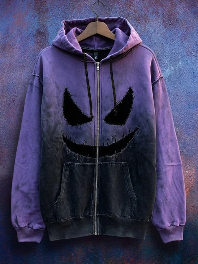  Damen Hoodies mit Reißverschluss Grafik Schädel Kürbis Punk Mode Retro Langarm Mit Kapuze Normale Oberteile Straße Alltagskleidung Lässig Patchwork Reißverschluss Tasche Purpur Herbst Winter