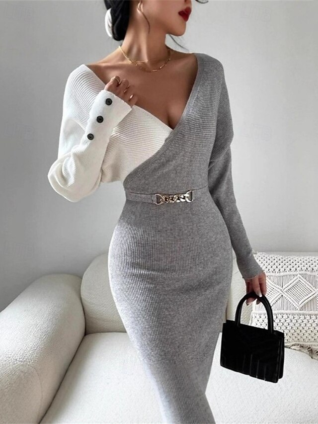 Women's Midi Dress Sweater Dress Casual Dress Bodycon Elegant Fashion Modern Daily Date Weekend Regular Fit Color Block Long Sleeve Deep V Black Apricot Gray Fall Winter4