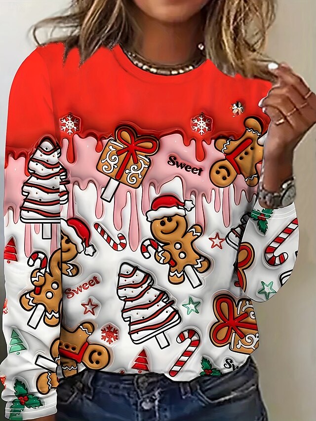 Christmas Women's T Shirt Graphic Christmas Vintage Fashion Stylish Long Sleeve Crew Neck Regular Tops Daily Weekend Print Red Fall Winter4