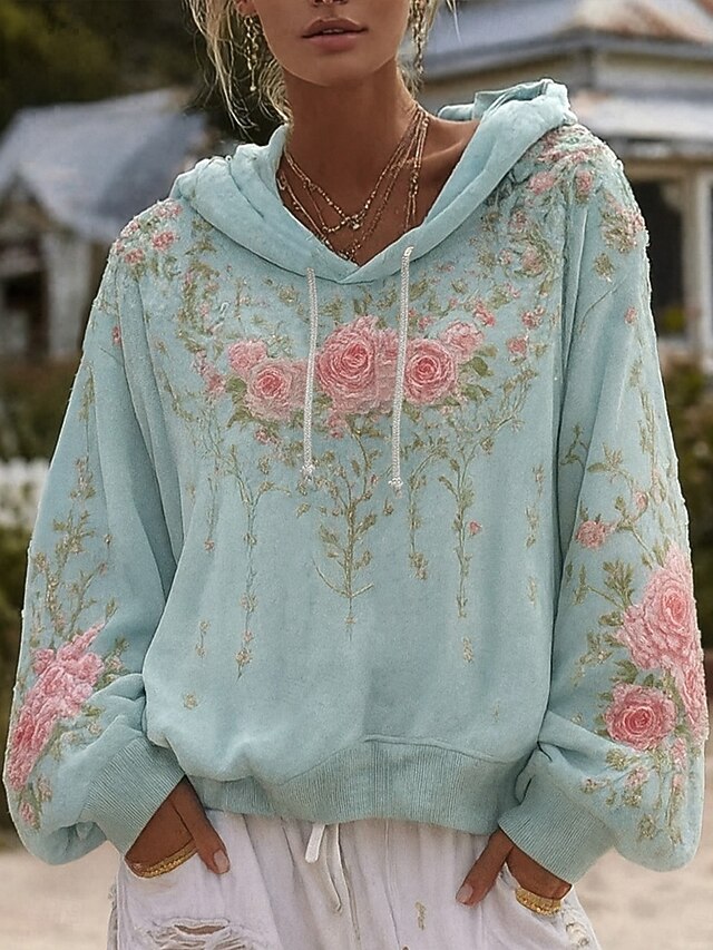 Women's 3D Print Vintage Boho Hoodie Patchwork Hoodie Sweatshirt Floral Pullover Sweatshirt Elegant Active Long Sleeve Hooded Street Dailywear Casual Light Blue Spring Fall Winter2