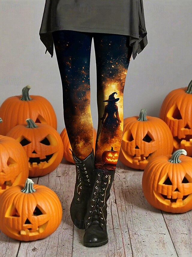 Women's Leggings Cozy Leggings Basic Casual Full Length High WaistPantsHalloween Graphic Pumpkin Printing Thermal Warm Comfortable Stretchy Vacation Casual Daily Orange Fall Winter Slim Fit4