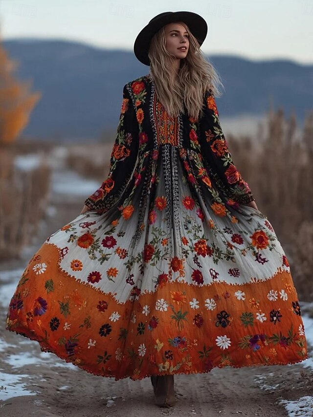 Women's Maxi Dress Pleated Dress Party Casual Boho Daily Date Going out Regular Fit Floral Graphic Long Sleeve V Neck Orange Fall Winter2