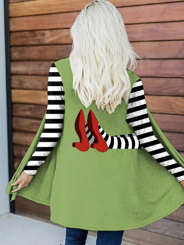  Halloween Kvinners Vinterjakke Trench Coat Lett Behagelig Heks Trykk Åpen Front Vintage Mote Uformell Heks Ferie Uformell Lang Kragefri Regulær Fit Langermet Yttertøy Svart Hvit