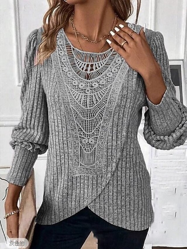 Women's Blouse Solid Color Elegant Stylish Basic Long Sleeve Crew Neck Regular Tops Daily Lace Patchwork Blue Purple Green Spring Fall Winter3