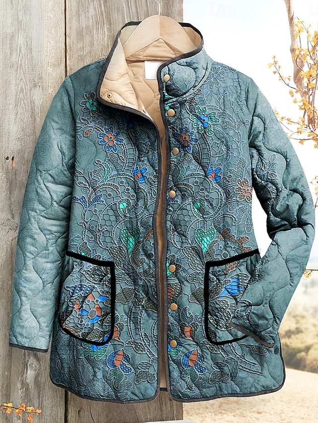  Femmes Veste matelassée Imperméable Coupe-vent Broderie Actif ancien Mode Quotidien Fleuri Vacances Maison Rue Occasionnel Régulier Col montant Coupe régulière manche longue Vêtements d'extérieur