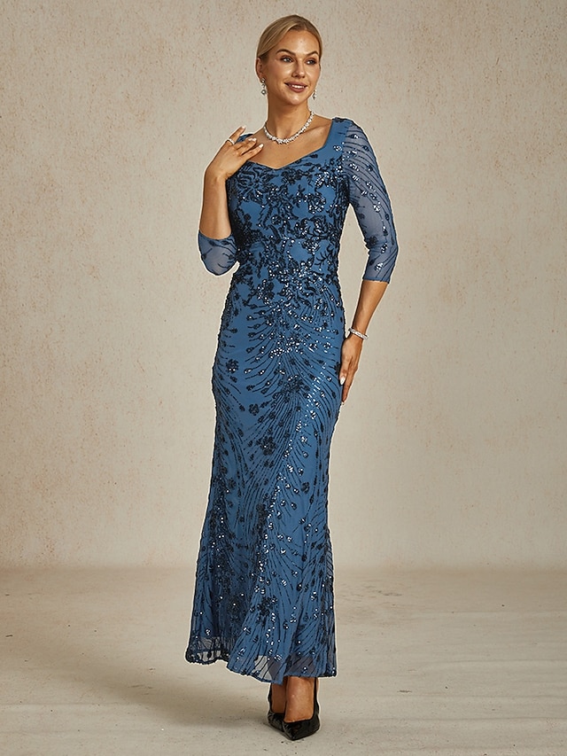 Damen Pailletten Maxikleid Etuikleid Trompete Meerjungfrau Kleid Bodycon Kleid Elegant Formal Cocktailabend Feier Floral 3/4 Länge Ärmel V-Ausschnitt Pfauenblau Frühling Herbst Winter