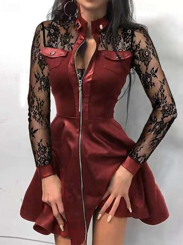 Women's Mini Dress Black Dress Leather Dress Fashion Modern Outdoor Party Going out Regular Fit Houndstooth Long Sleeve Stand Collar Wine Spring Fall Winter Autumn4