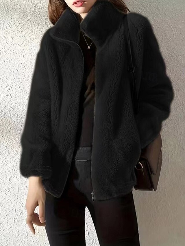 Women's Fleece Jacket Teddy Coat Warm Comfortable Zipper Pocket Casual Plain Vacation Street Daily Wear Going out Regular Stand Collar Regular Fit Long Sleeve Outerwear Black Fall Winter4