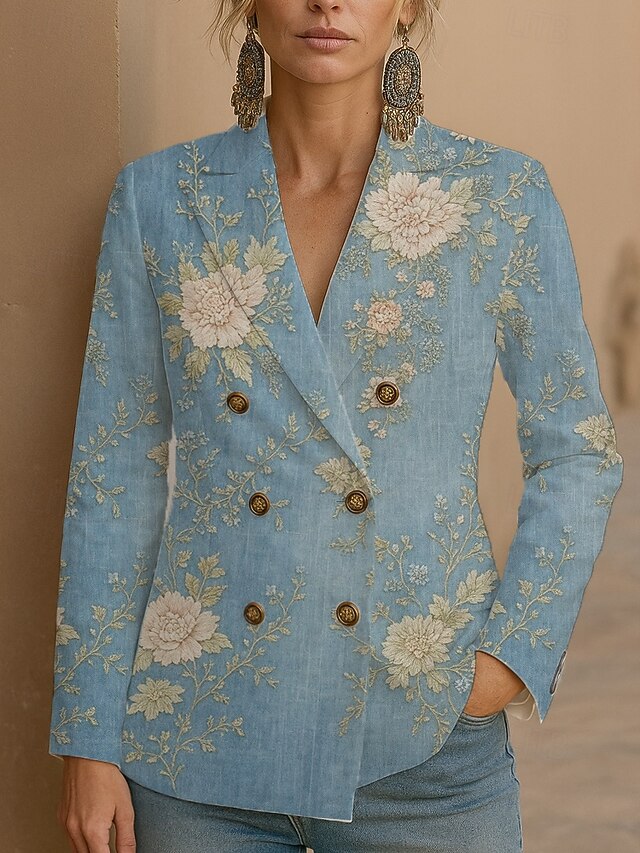 Women's Blazer Windproof Warm Buttons Formal Floral Casual Holiday Going out Casual Daily Regular Notch Lapel Regular Fit Long Sleeve Outerwear Blue Purple Green Spring Fall4