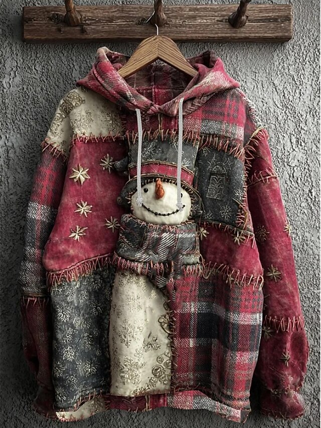 Women's Pullover Hoodie Sweatshirt Graphic Geometric Christmas Tree Elegant Warm Active Long Sleeve Hooded Regular Tops Street Dailywear Casual Patchwork Print Red Spring Fall Winter2