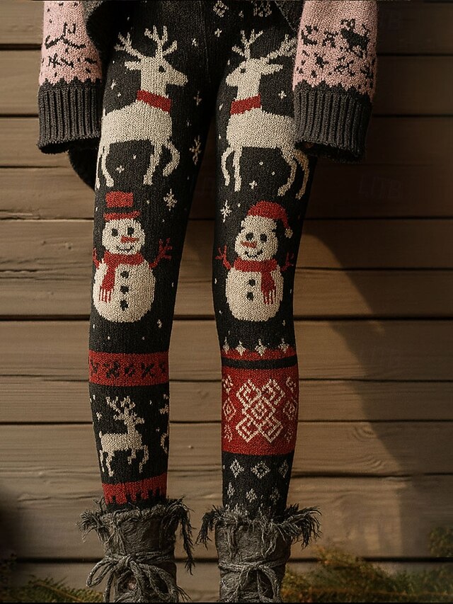 Women's Leggings Vacation Vintage Ethnic Style Full Length High WaistPantsUgly Christmas Graphic Elk Snowman 3D Print Quick Dry Breathability Soft Stretchy Formal Outdoor Vacation Black White Summer4