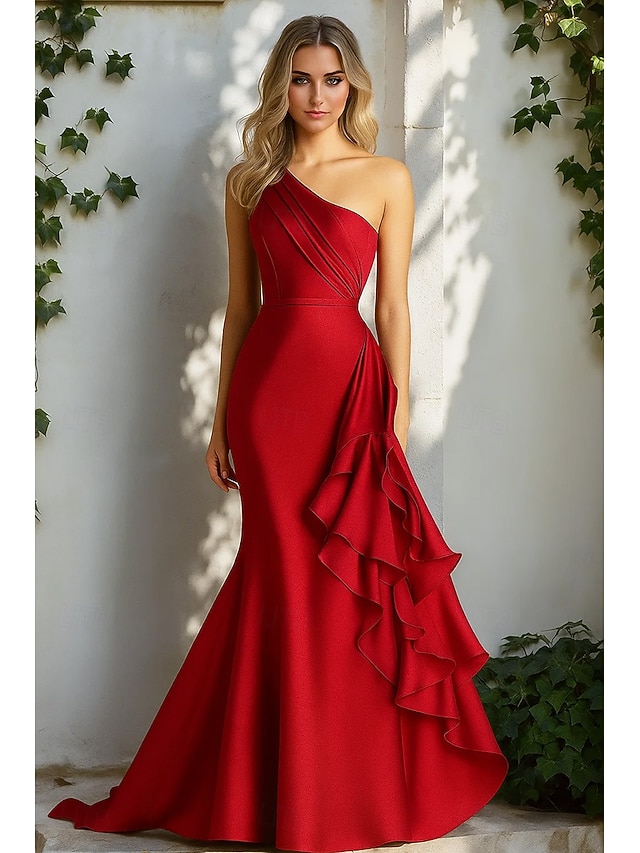  Syrena Suknia wieczorowa Elegancja Suknia formalna Formalny Ślub Tren sweep Bez rękawów Na jedno ramię Satyna z Z marszczeniami Falbany 2025