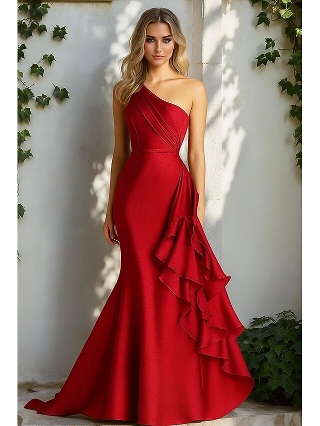 Glamorous Mermaid/Trumpet V Neck Sleeveless Satin Sweep/Brush Train Prom Dress