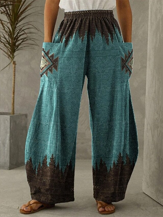 Women's Wide Leg Pants Trousers Vacation Ethnic Style Boho Full Length High Waist Graphic Color Block Pocket Elastic Waistband Print Comfy Breathability Stretchy Vacation Casual Daily Peacock Blue4