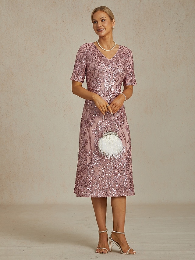  Rochie midi pentru femei, rochie dreaptă, elegantă, cu paiete, brodate, sclipici, petrecere, nuntă, croială standard, model floral, mânecă scurtă, decolteu în V, roz pal, primăvară, toamnă, iarnă