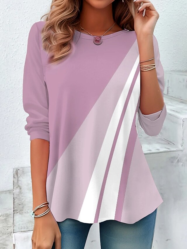 Women's T Shirt Graphic Geometric Striped Vintage Stylish Classic Long Sleeve Crew Neck Round Neck Regular Tops Daily Print Black Pink Blue Spring Fall Winter4